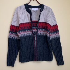 111 State Gray Full Zip Fair Isle Lambswool Angora Blend Knit Cardigan Sweater L